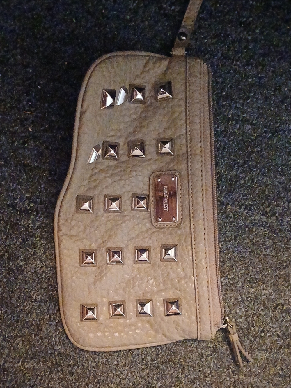 Nine West Taupe Pyramid-Stud Wristlet Clutch